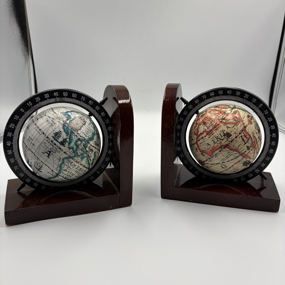 Set of 2 Wooden Old World Spinning Globe Bookends Office Decor 5.75 Dark Wood